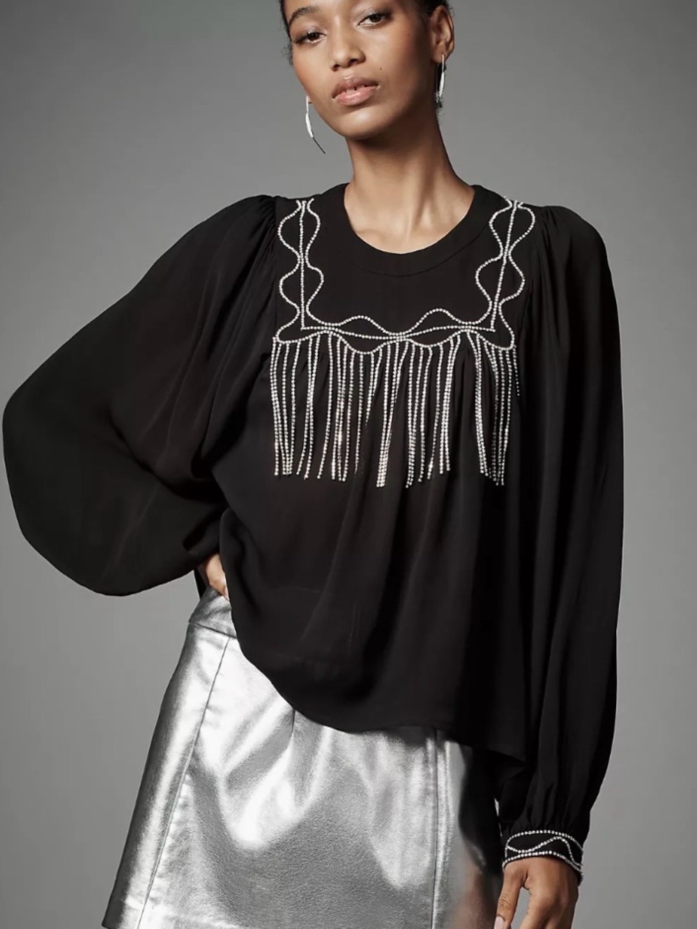 Anthropologie Ollari Rhinestone Fringe Blouse‎ Black Oversized M